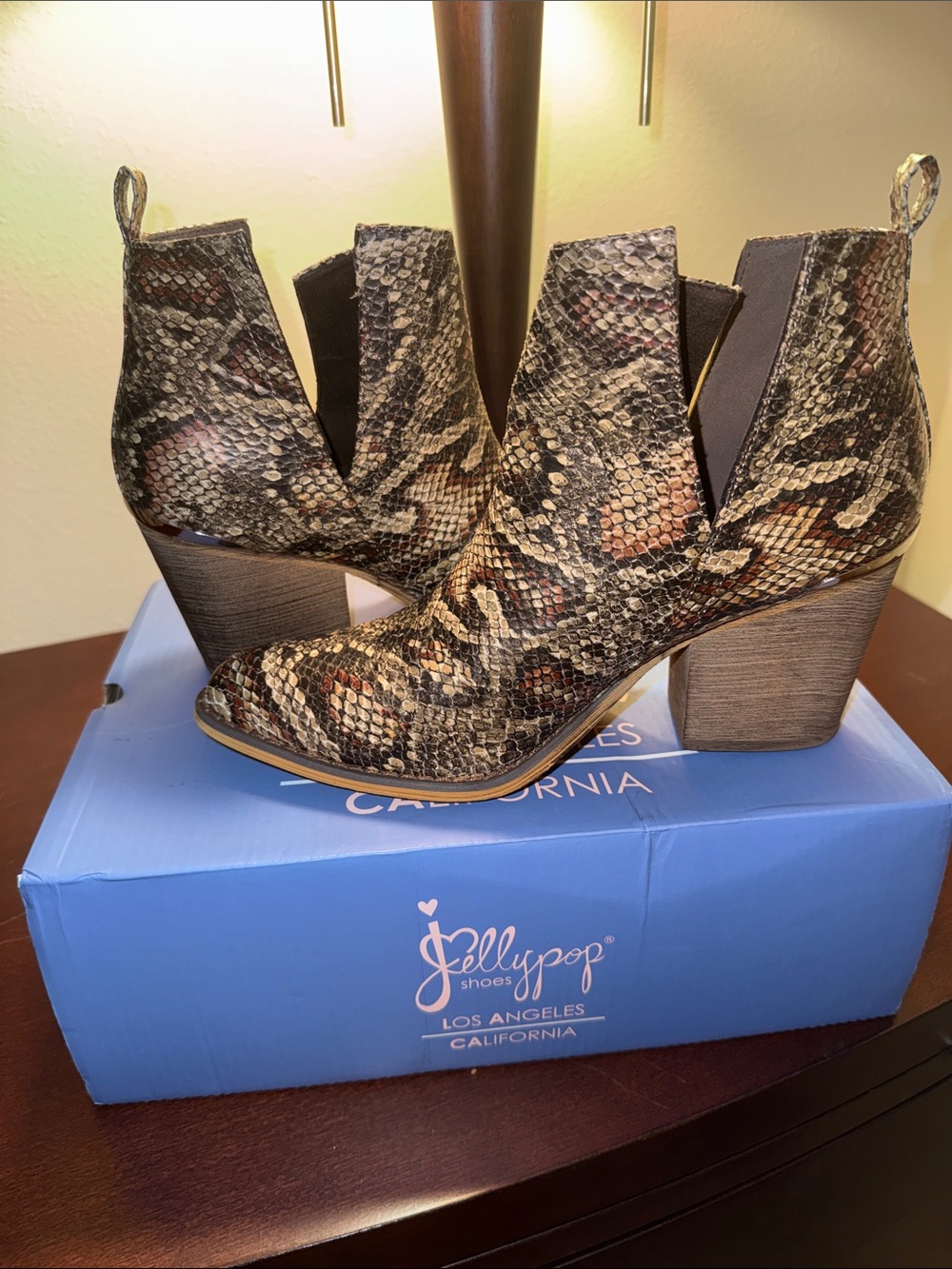 Jellypop Snake-Print Cutout Ankle Booties in Brown and Tan